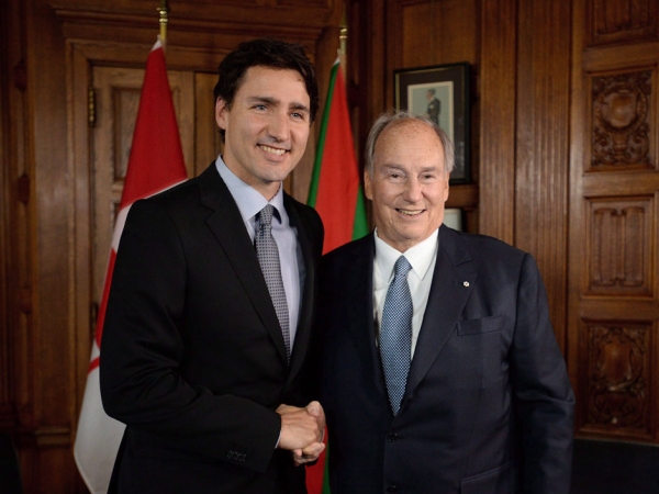Prime Minister Justin Trudeau with the Aga Khan on Parliament Hill on May 17, 2016.